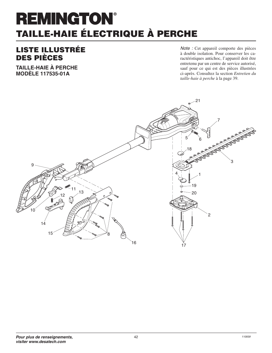 Taille-haie électrique à perche, Liste illustrée des pièces | Remington Power Tools Axcess 117535-01A User Manual | Page 42 / 44
