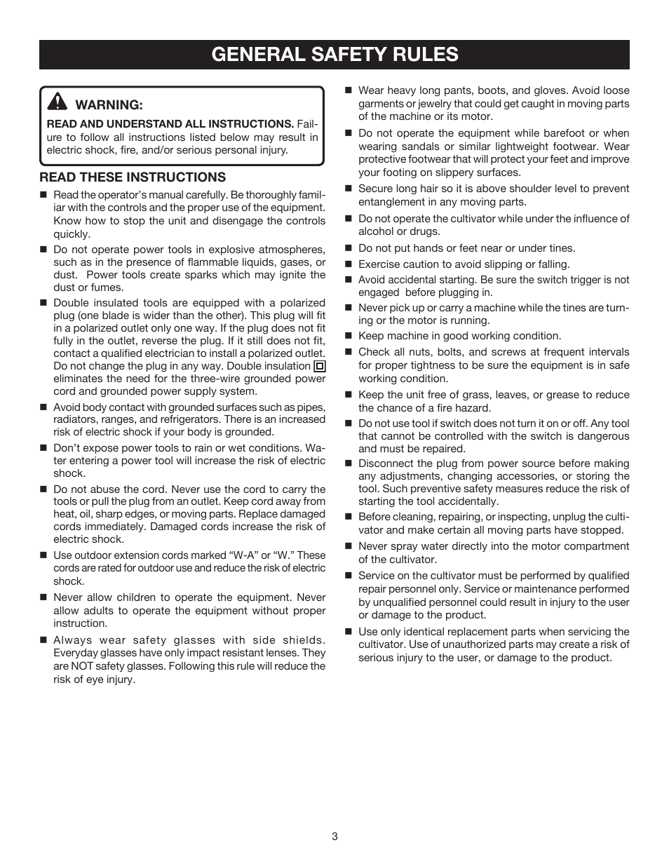 General safety rules | Ryobi RY46501A User Manual | Page 3 / 16