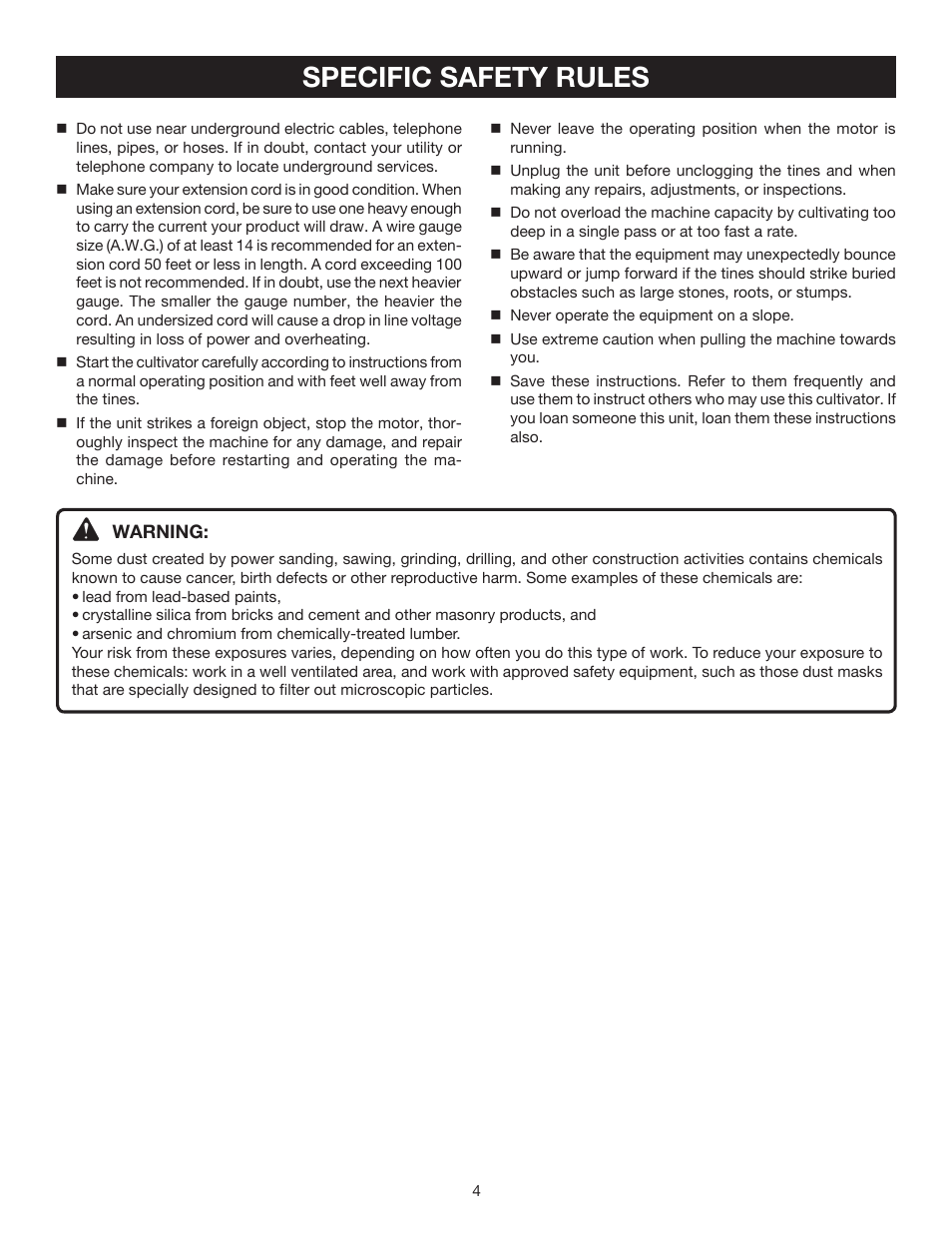 Specific safety rules | Ryobi RY46501A User Manual | Page 4 / 16