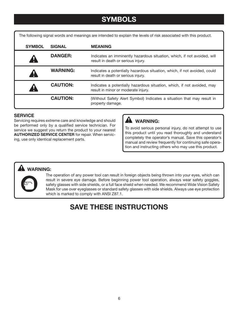 Symbols, Save these instructions | Ryobi RY46501A User Manual | Page 6 / 16