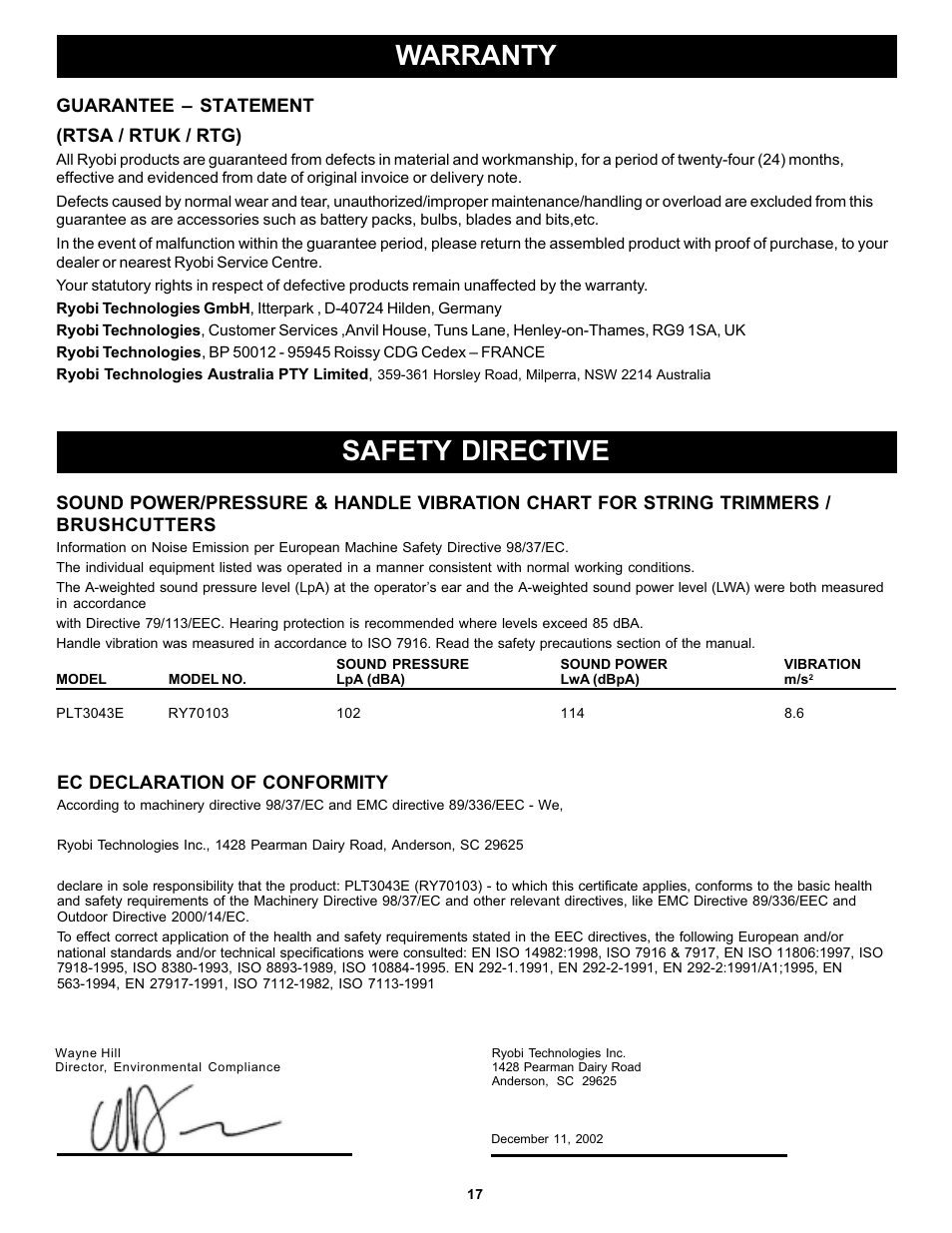 Warranty safety directive | Ryobi PLT3043E User Manual | Page 17 / 18