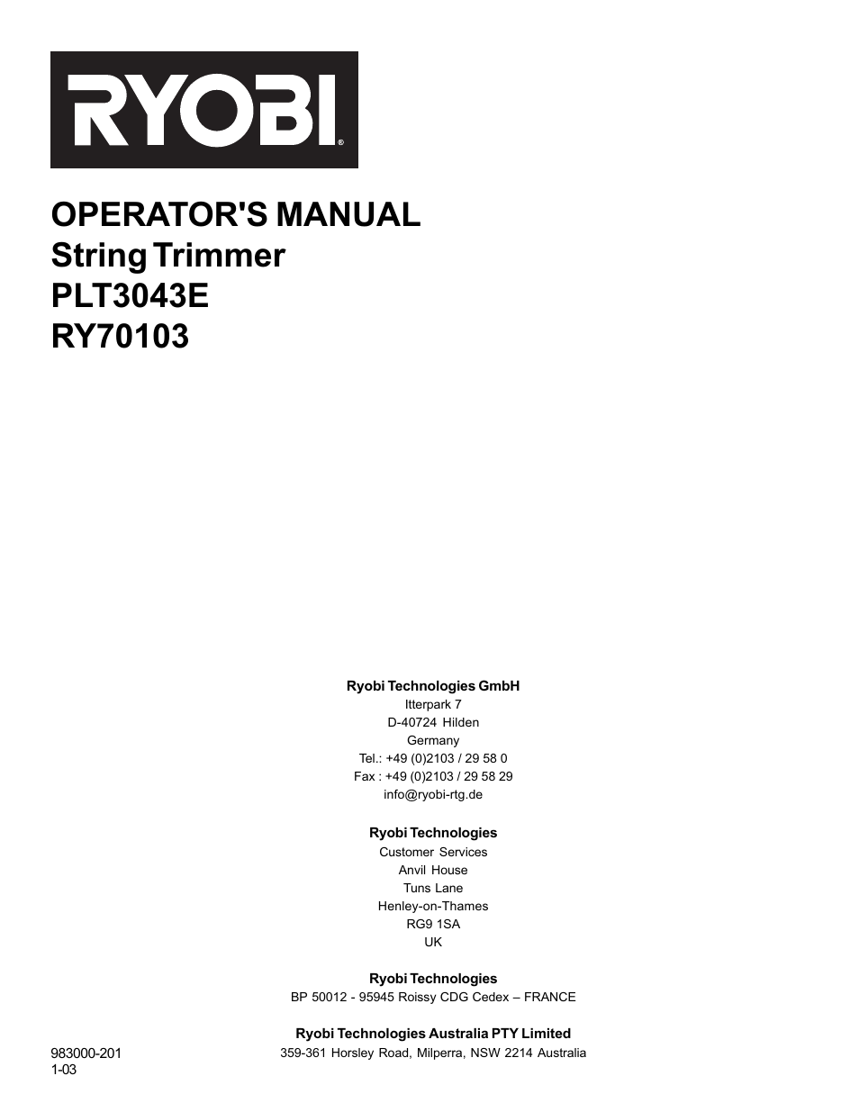 Ryobi PLT3043E User Manual | Page 18 / 18