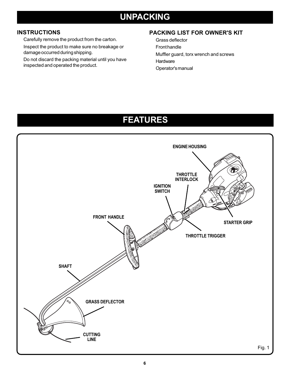 Features, Unpacking | Ryobi PLT3043E User Manual | Page 6 / 18