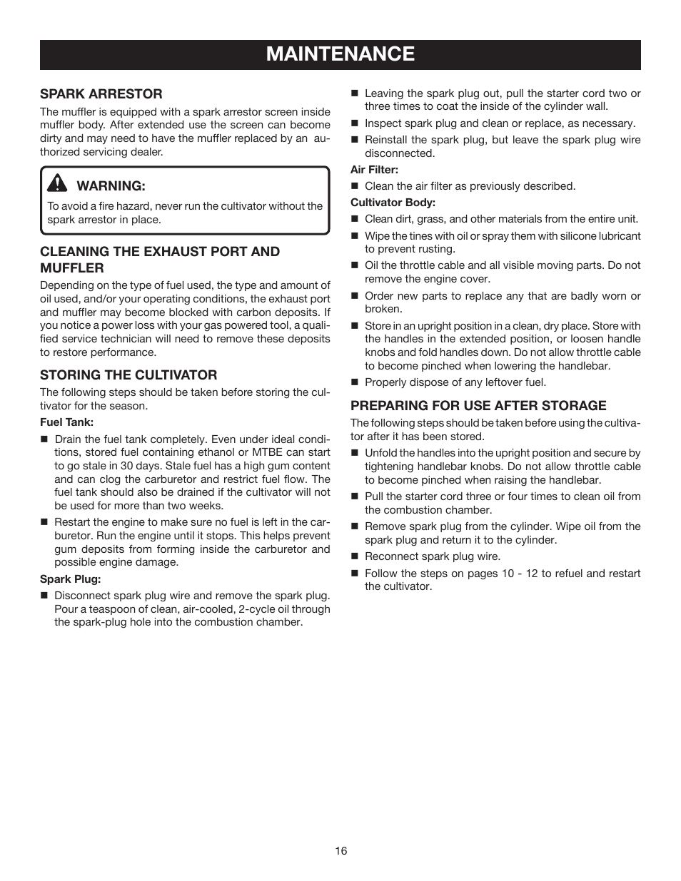 Maintenance | Ryobi RY60511A User Manual | Page 16 / 22