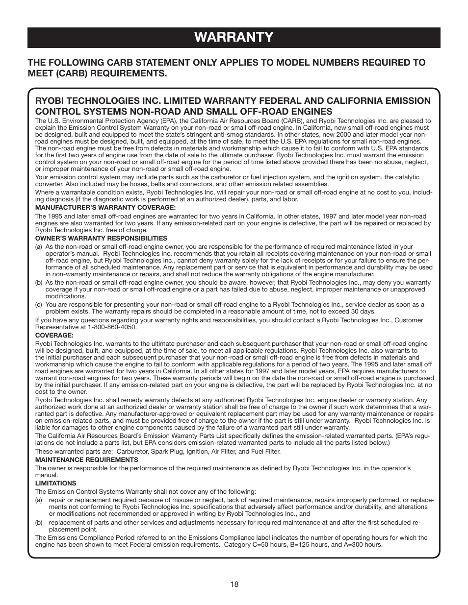 Warranty | Ryobi RY60511A User Manual | Page 18 / 22