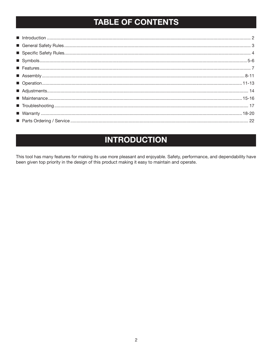 Table of contents introduction | Ryobi RY60511A User Manual | Page 2 / 22