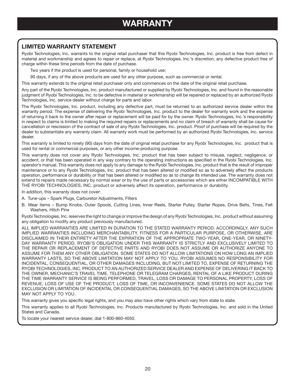 Warranty | Ryobi RY60511A User Manual | Page 20 / 22