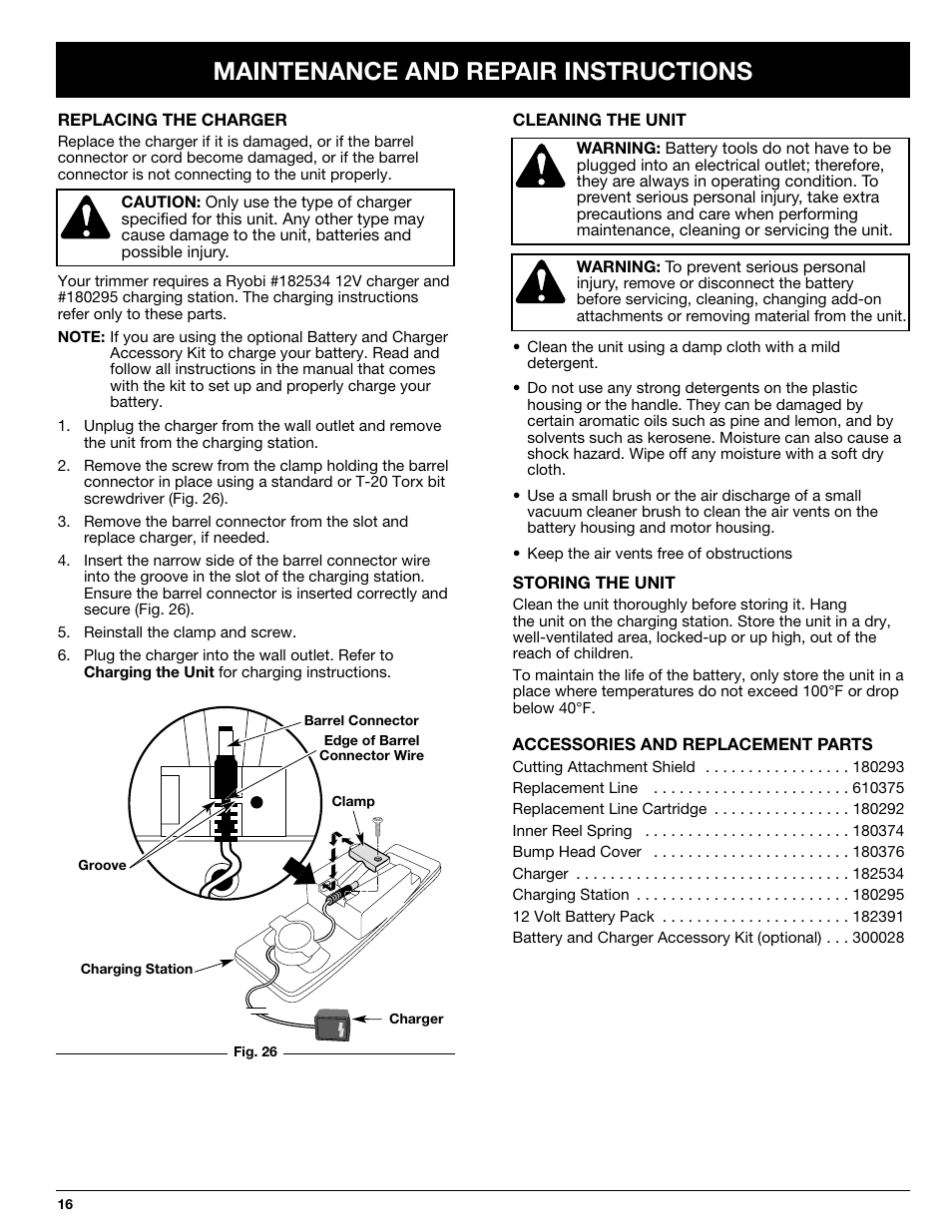 Maintenance and repair instructions | Ryobi 155VP User Manual | Page 16 / 18