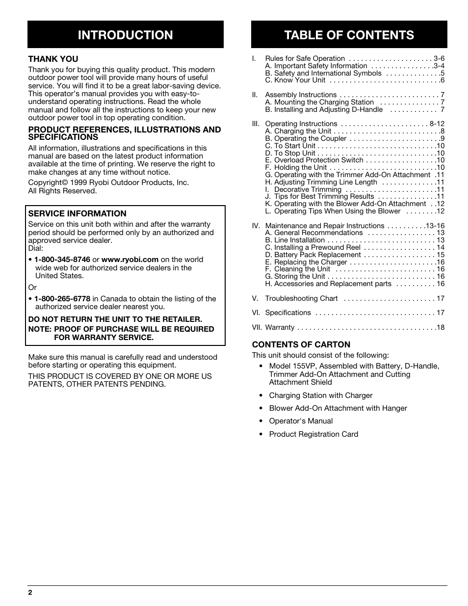 Introduction table of contents | Ryobi 155VP User Manual | Page 2 / 18