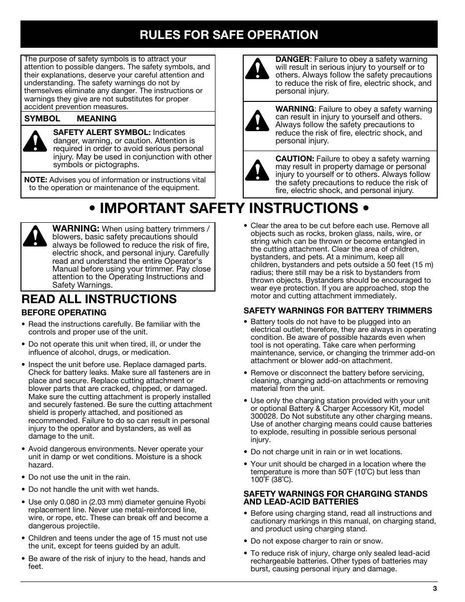 Important safety instructions, Read all instructions, Rules for safe operation | Ryobi 155VP User Manual | Page 3 / 18