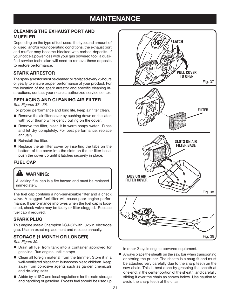 Maintenance | Ryobi RY52001 User Manual | Page 21 / 26