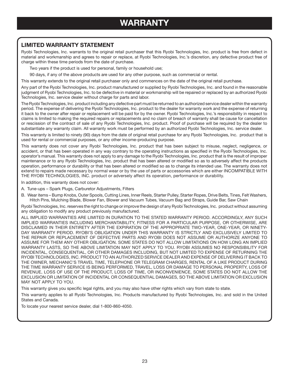 Warranty | Ryobi RY52001 User Manual | Page 23 / 26