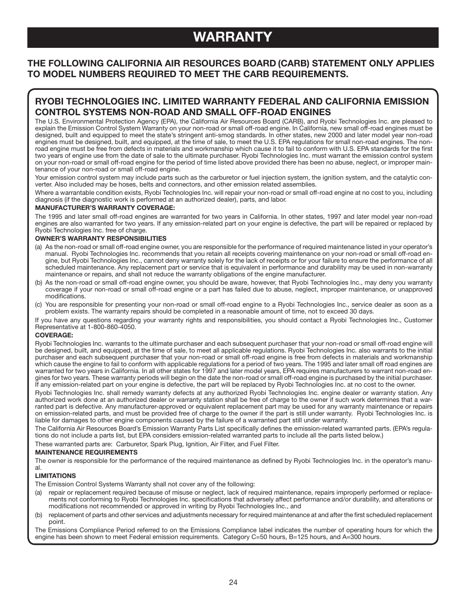 Warranty, The following california air resources board | Ryobi RY52001 User Manual | Page 24 / 26