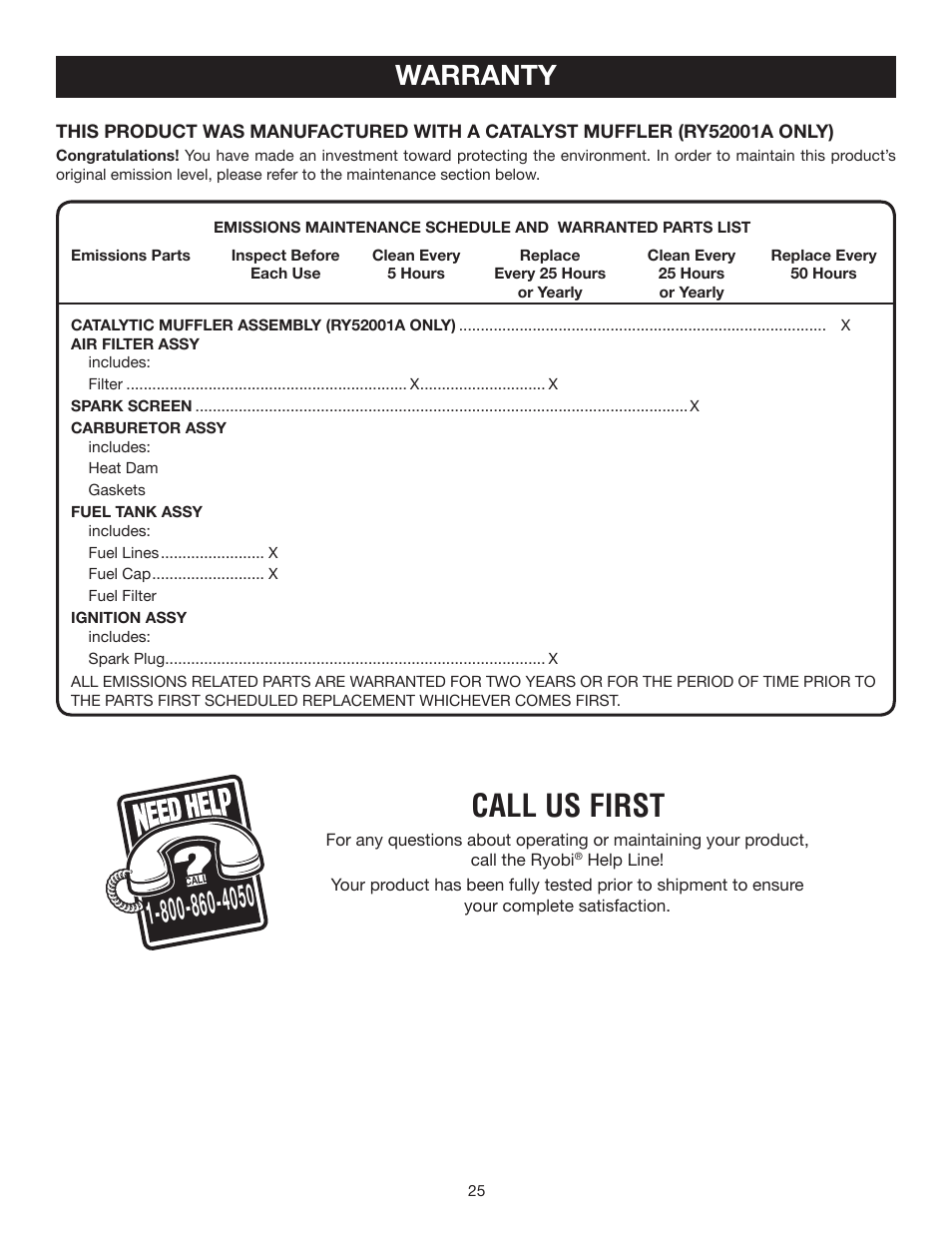 Call us first, Warranty | Ryobi RY52001 User Manual | Page 25 / 26