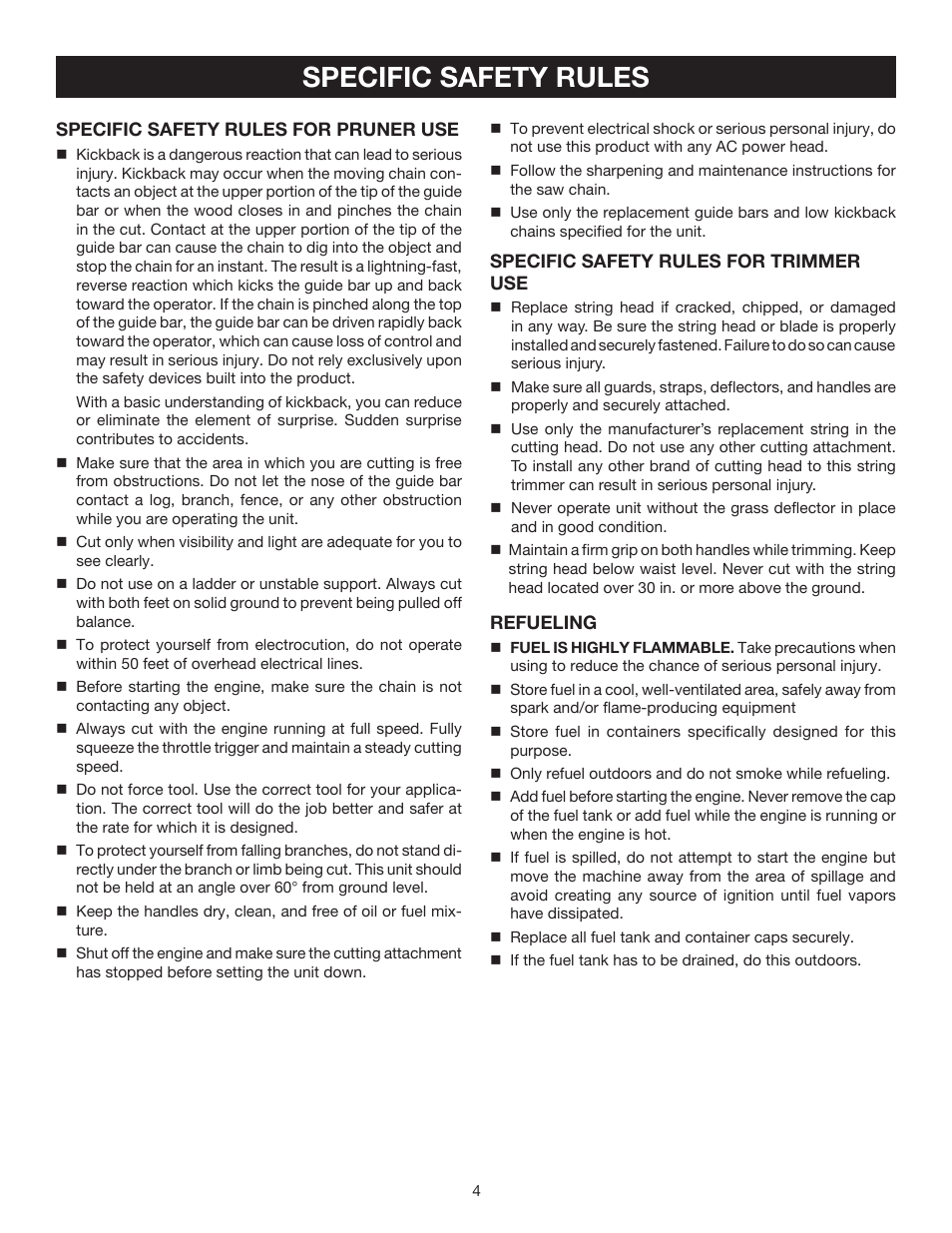 Specific safety rules | Ryobi RY52001 User Manual | Page 4 / 26