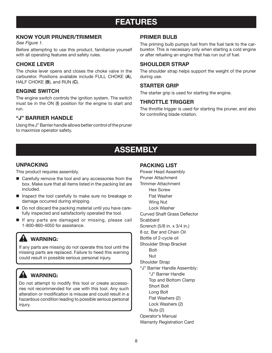 Features, Assembly | Ryobi RY52001 User Manual | Page 8 / 26