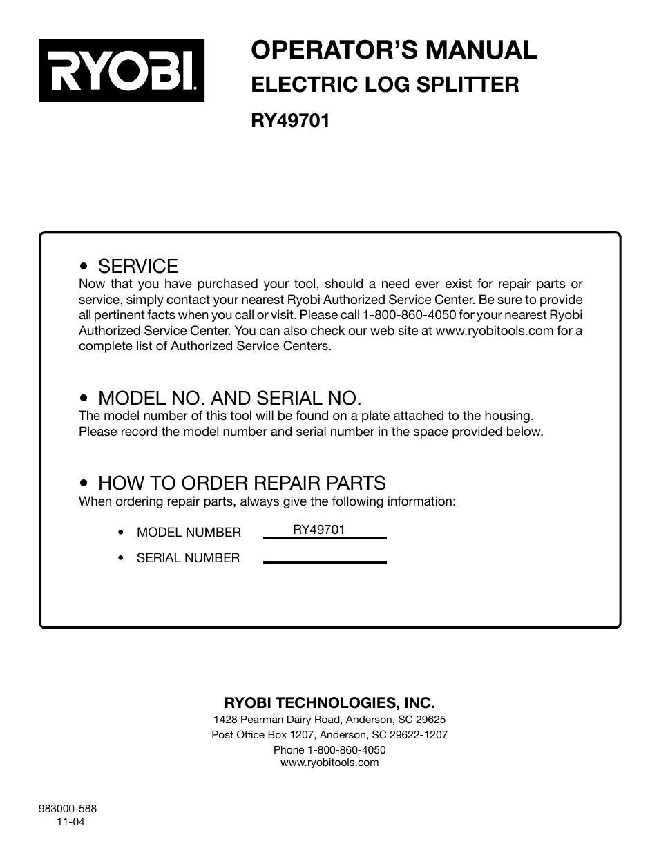 Operator’s manual, Electric log splitter, Service | Model no. and serial no, How to order repair parts | Ryobi RY49701 User Manual | Page 16 / 16