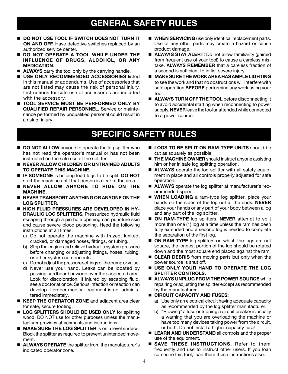 General safety rules, Specific safety rules | Ryobi RY49701 User Manual | Page 4 / 16