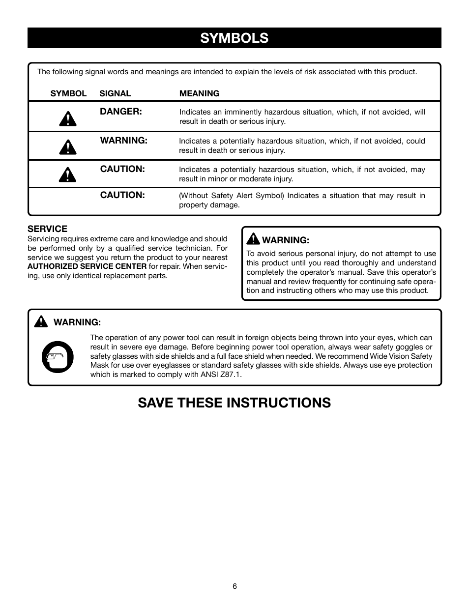 Symbols, Save these instructions | Ryobi RY49701 User Manual | Page 6 / 16