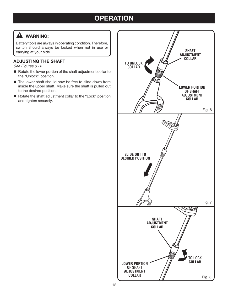 Operation, Warning, Adjusting the shaft | Ryobi P2500 User Manual | Page 12 / 16