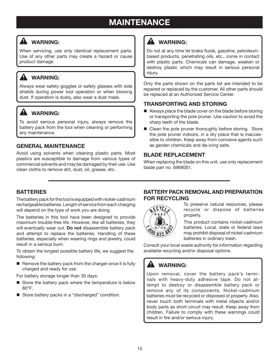 Maintenance | Ryobi P2500 User Manual | Page 15 / 16