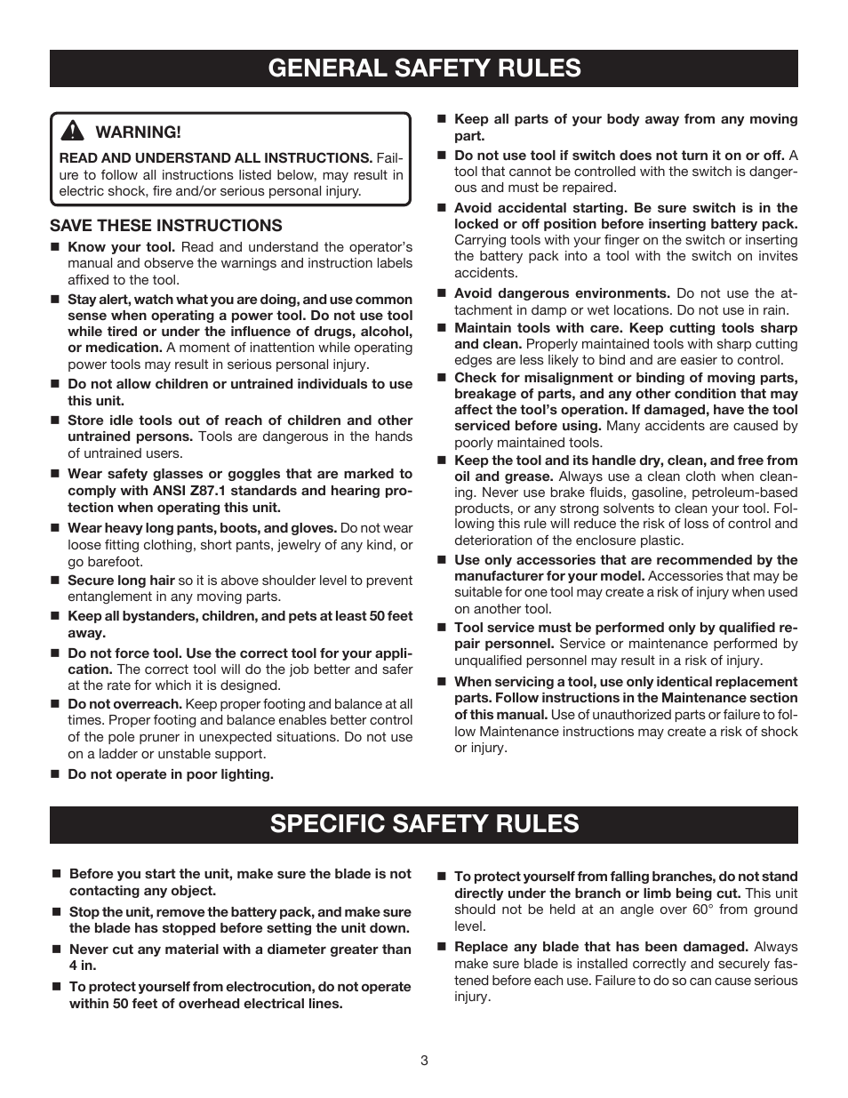 General safety rules, Specific safety rules | Ryobi P2500 User Manual | Page 3 / 16