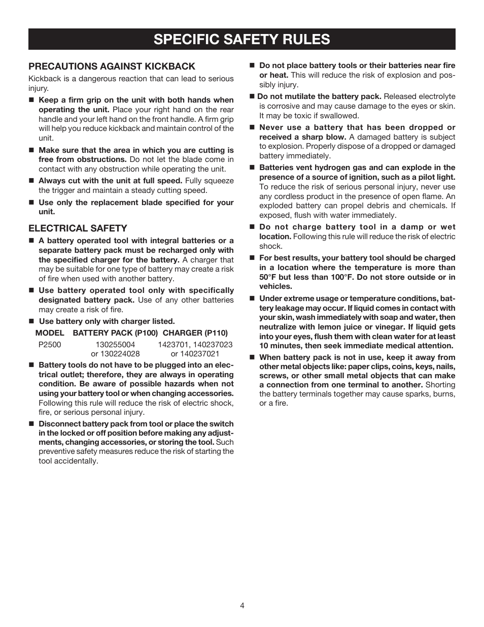 Specific safety rules | Ryobi P2500 User Manual | Page 4 / 16