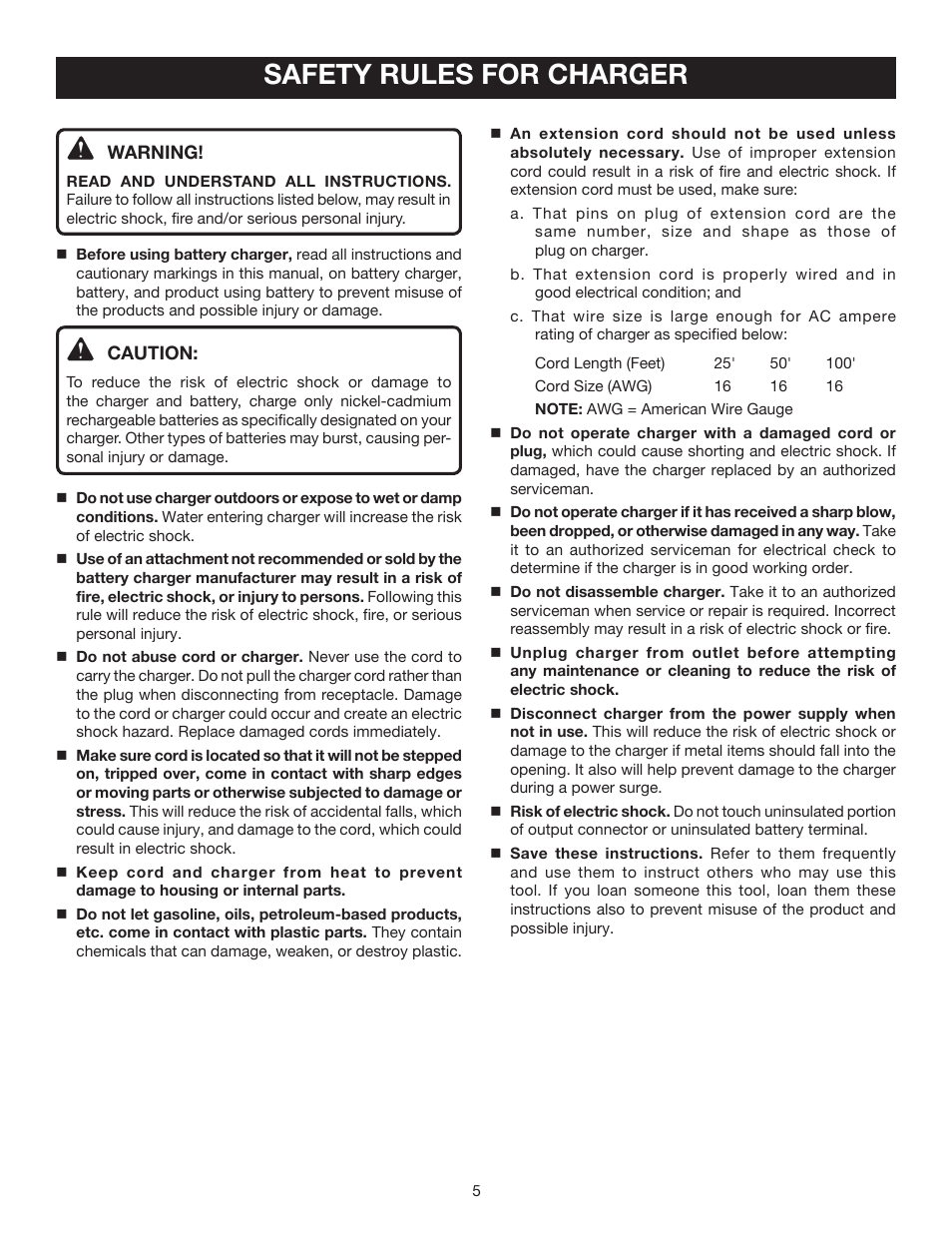 Safety rules for charger | Ryobi P2500 User Manual | Page 5 / 16