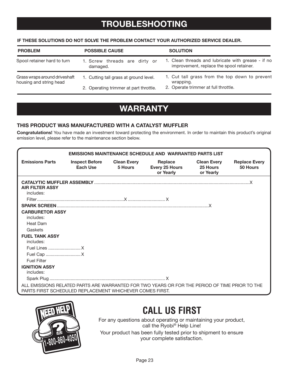 Call us first, Troubleshooting, Warranty | Ryobi CS30 RY30020A User Manual | Page 23 / 26