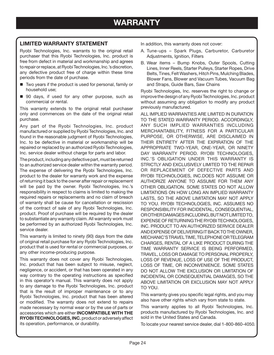 Warranty | Ryobi CS30 RY30020A User Manual | Page 24 / 26