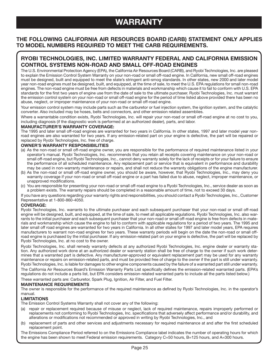 Warranty, The following california air resources board | Ryobi CS30 RY30020A User Manual | Page 25 / 26