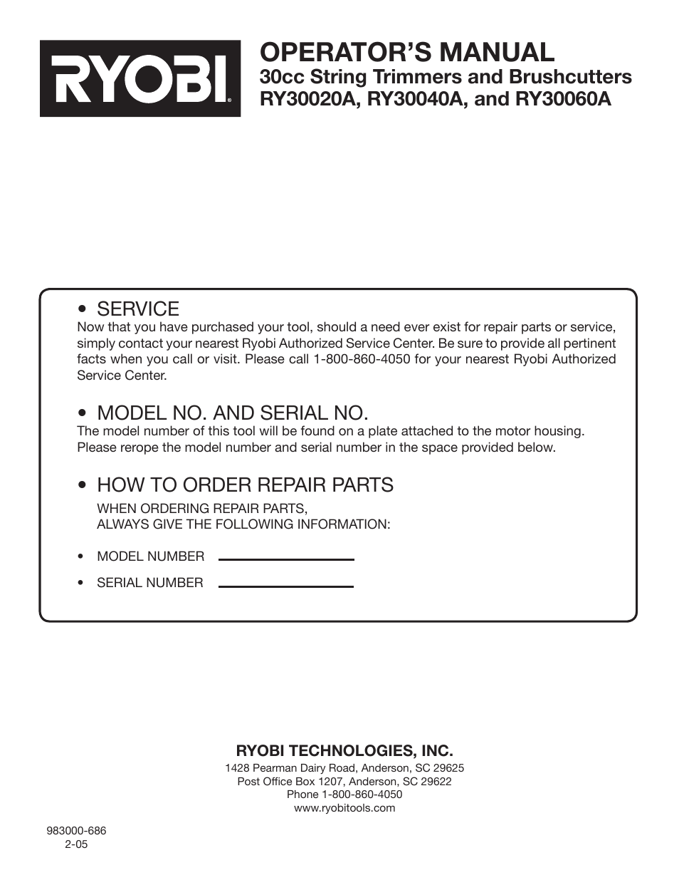 Operator’s manual, Service, Model no. and serial no | How to order repair parts | Ryobi CS30 RY30020A User Manual | Page 26 / 26