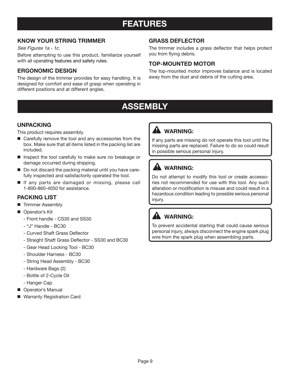 Assembly features | Ryobi CS30 RY30020A User Manual | Page 9 / 26