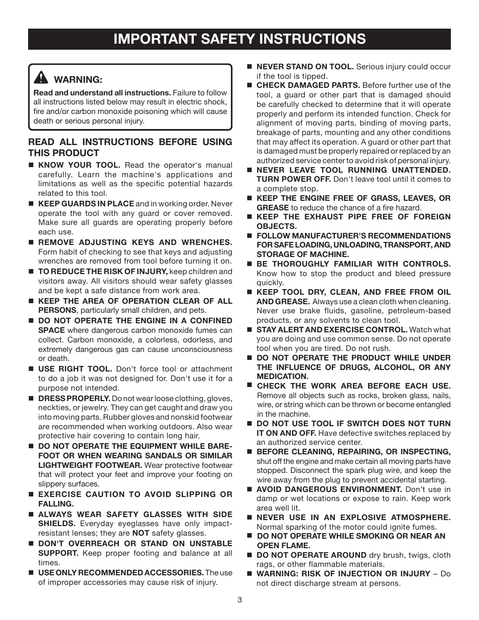 Important safety instructions | Ryobi 3000 PSI User Manual | Page 3 / 26