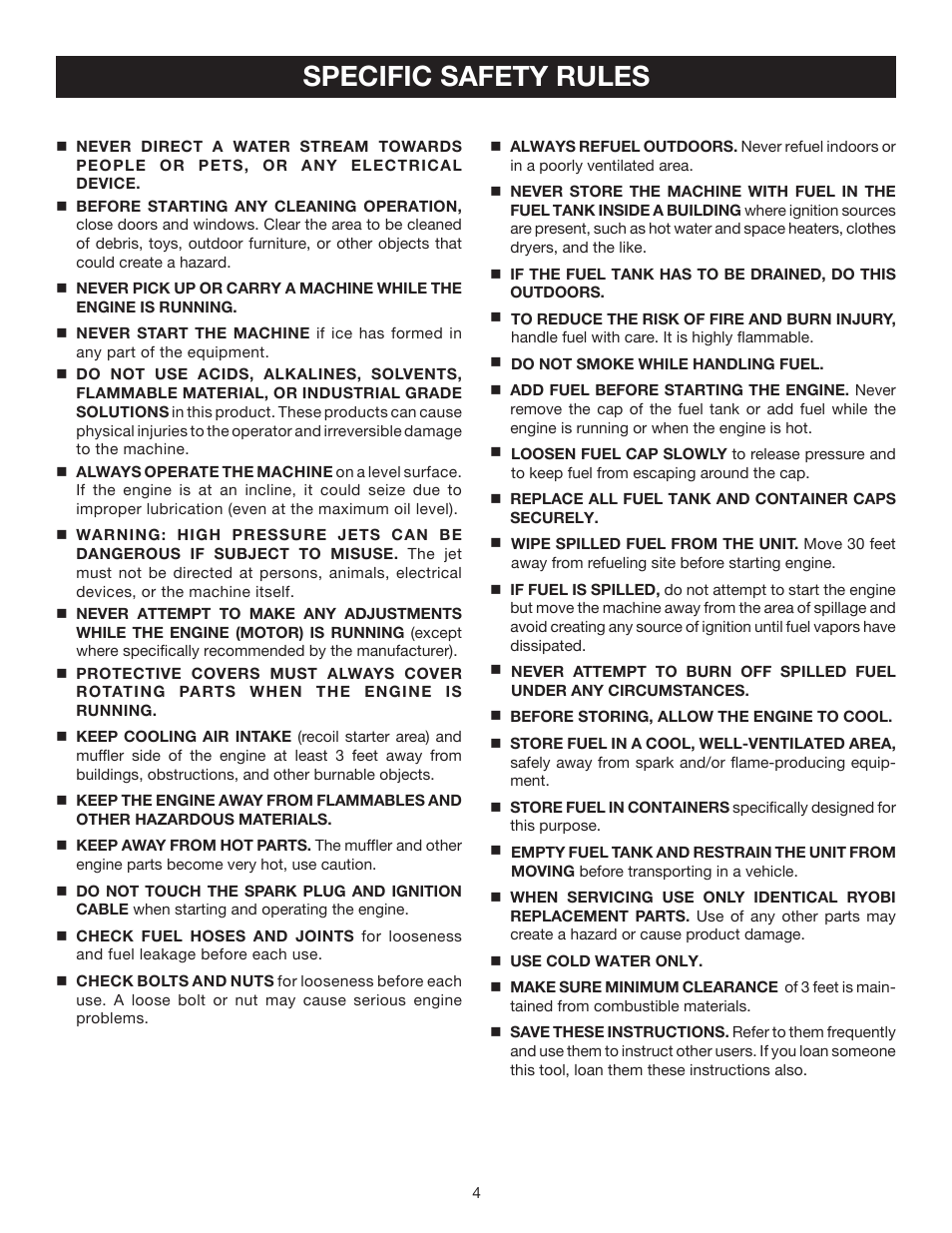 Specific safety rules | Ryobi 3000 PSI User Manual | Page 4 / 26