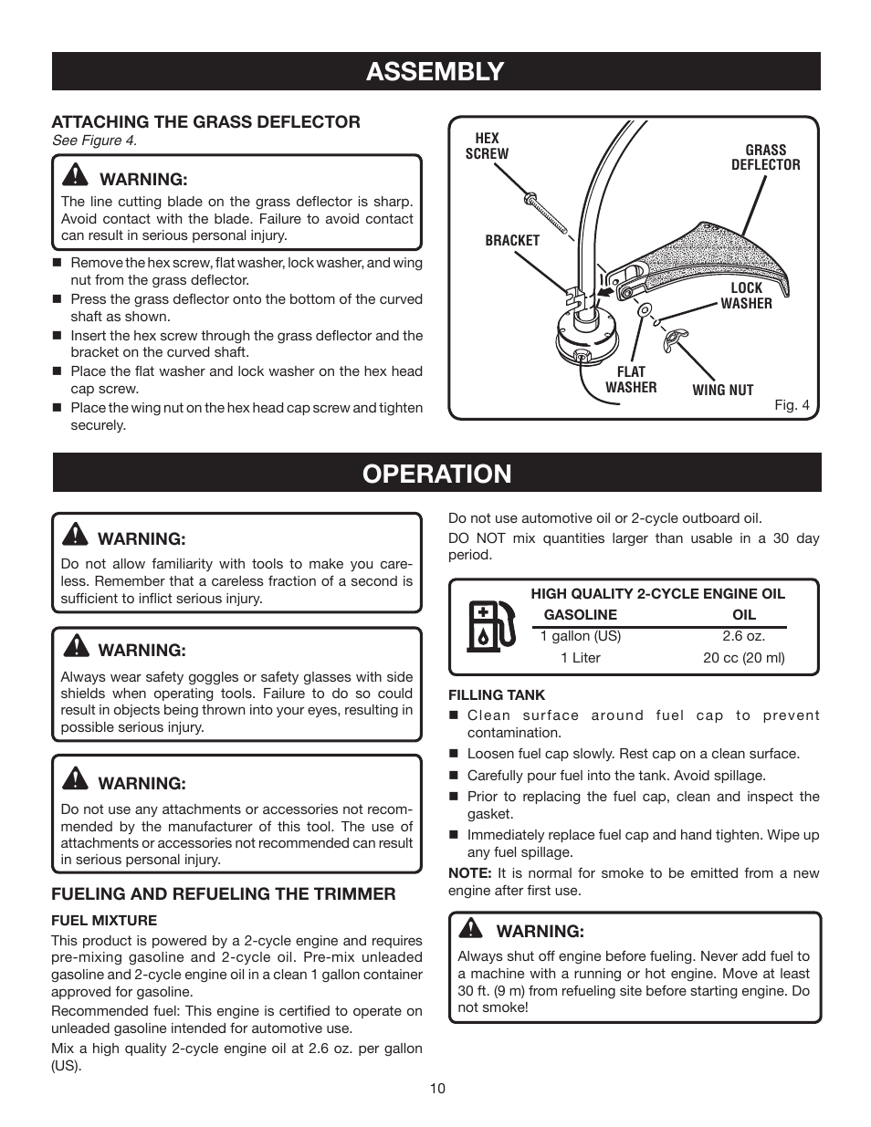 Assembly, Operation | Ryobi RY30130 User Manual | Page 10 / 24