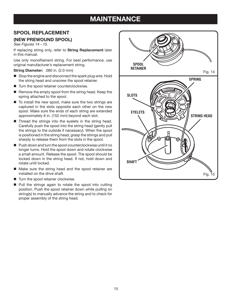 Maintenance, Spool replacement | Ryobi RY30130 User Manual | Page 15 / 24