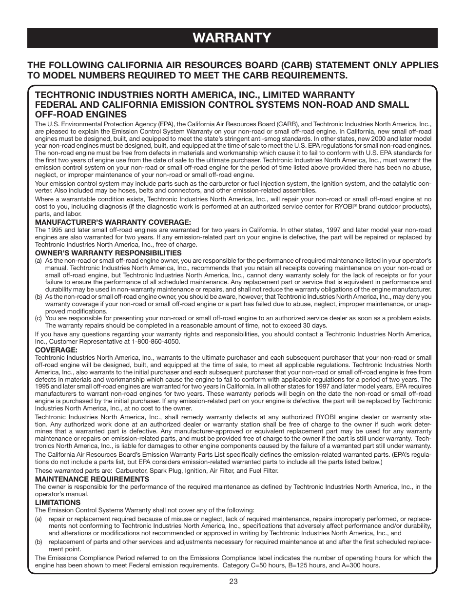 Warranty | Ryobi RY30130 User Manual | Page 23 / 24