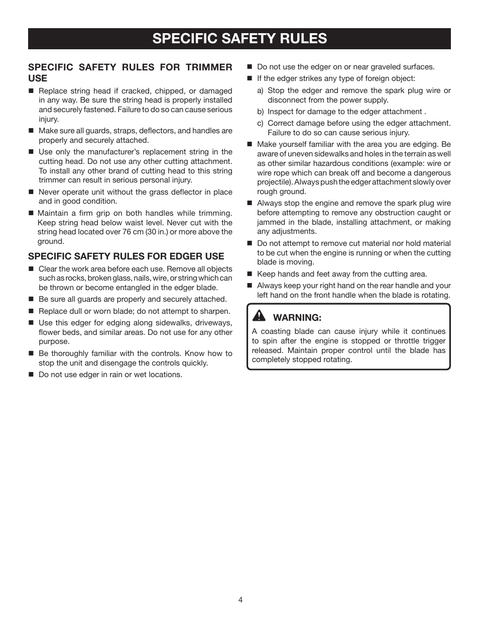 Specific safety rules | Ryobi RY30130 User Manual | Page 4 / 24