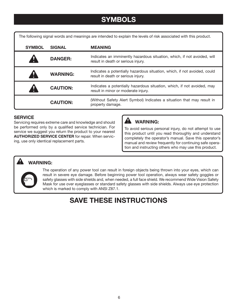 Symbols, Save these instructions | Ryobi RY30130 User Manual | Page 6 / 24