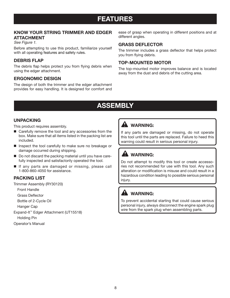 Assembly features | Ryobi RY30130 User Manual | Page 8 / 24