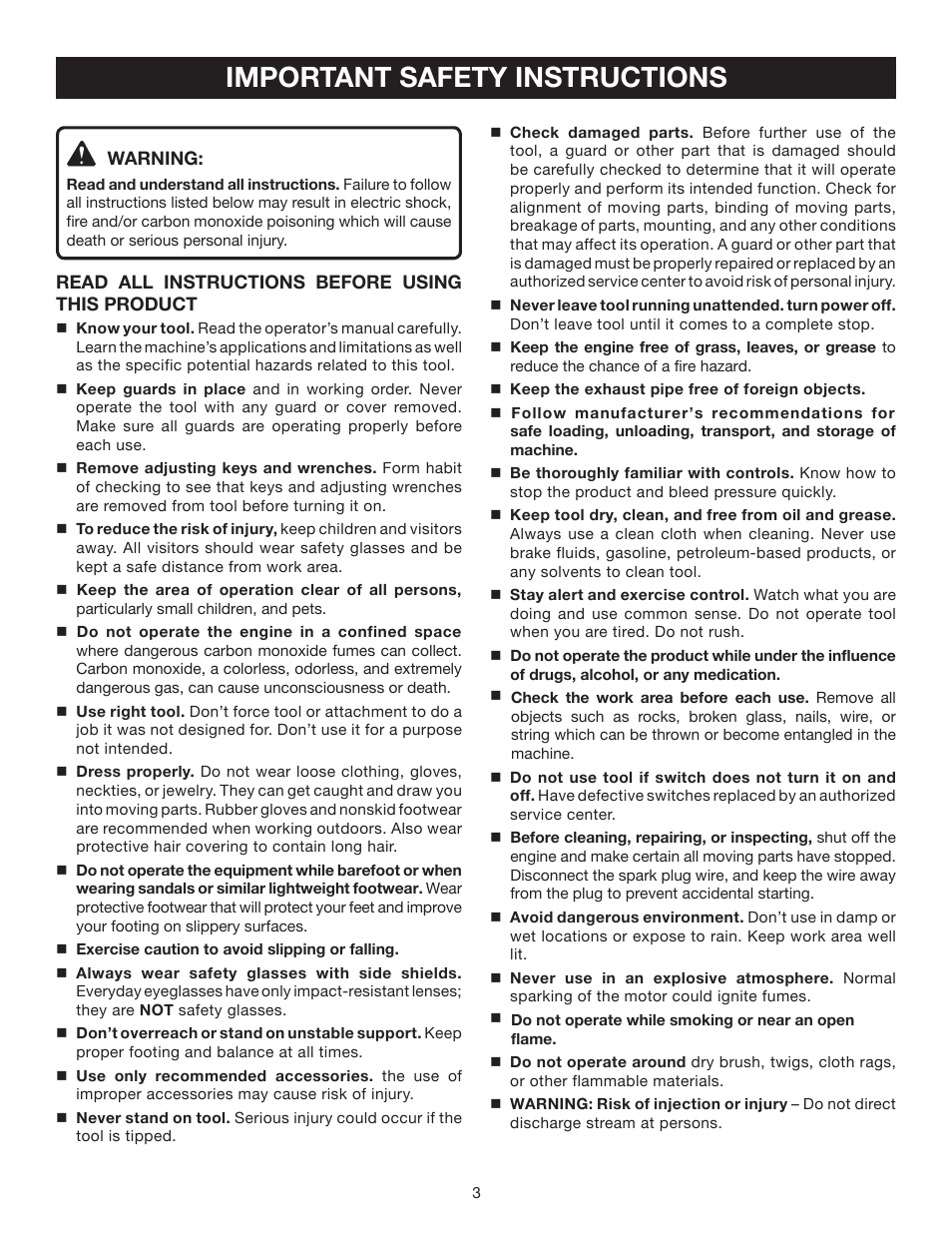 Important safety instructions | Ryobi RY80030A User Manual | Page 3 / 26