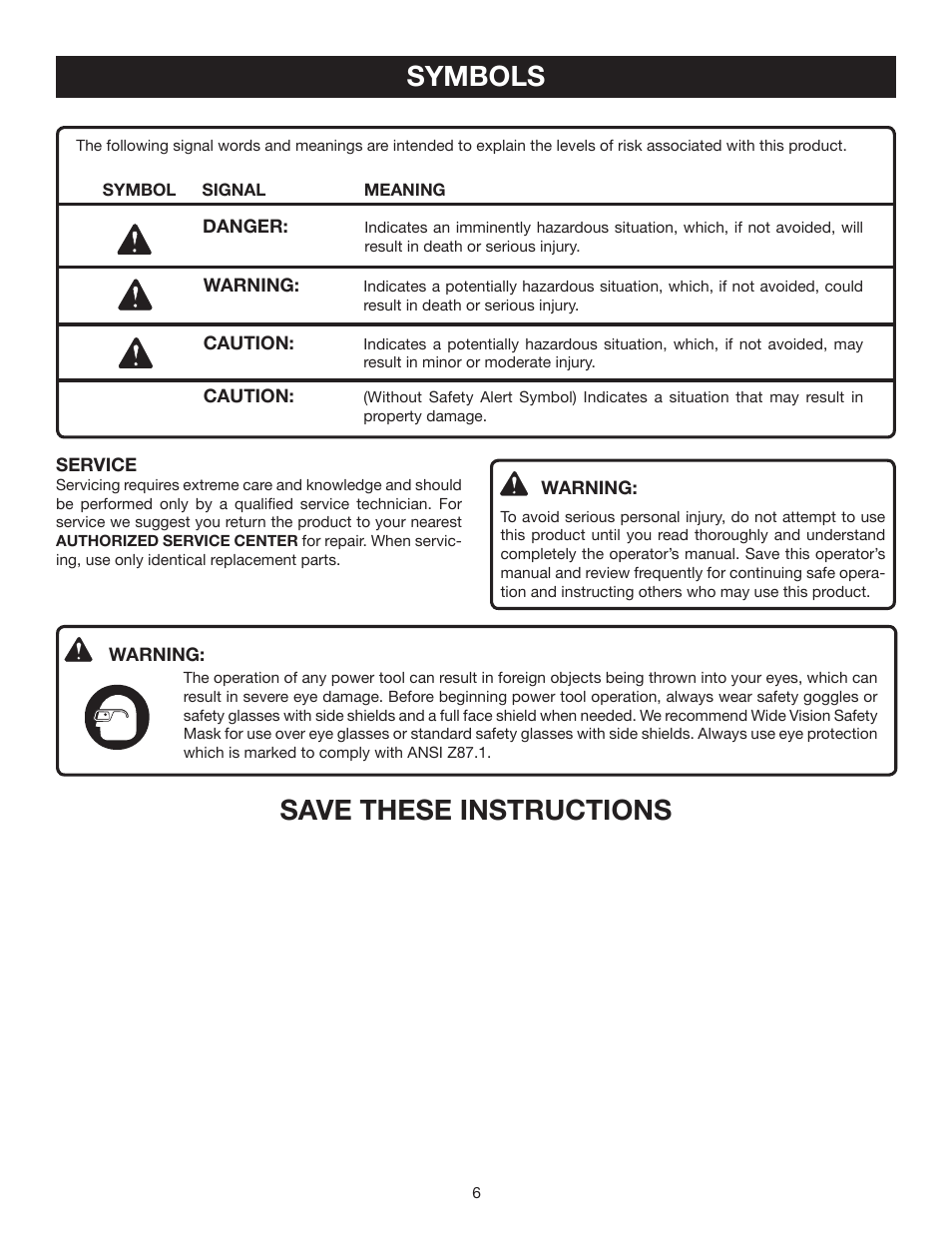 Symbols, Save these instructions | Ryobi RY80030A User Manual | Page 6 / 26