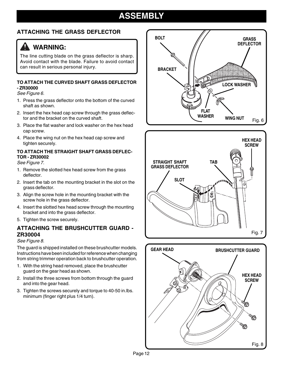 Assembly, Warning | Ryobi CS30 ZR30000 User Manual | Page 12 / 28