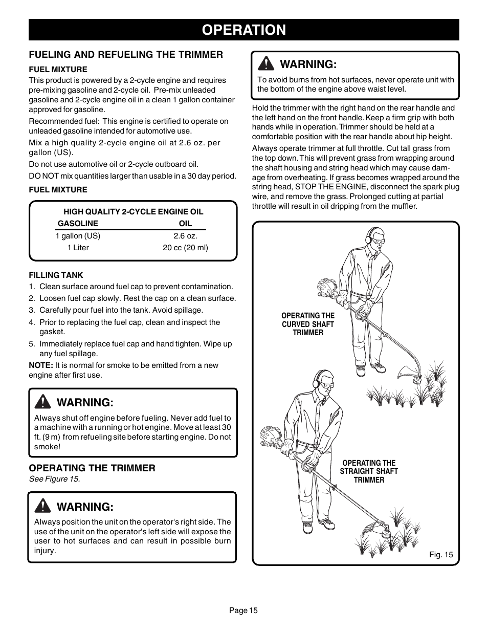 Operation, Warning | Ryobi CS30 ZR30000 User Manual | Page 15 / 28