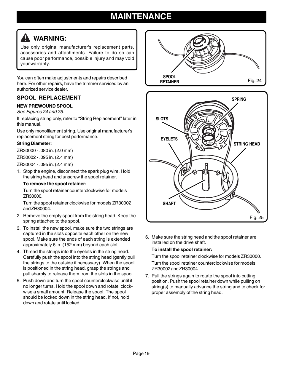 Maintenance, Warning | Ryobi CS30 ZR30000 User Manual | Page 19 / 28