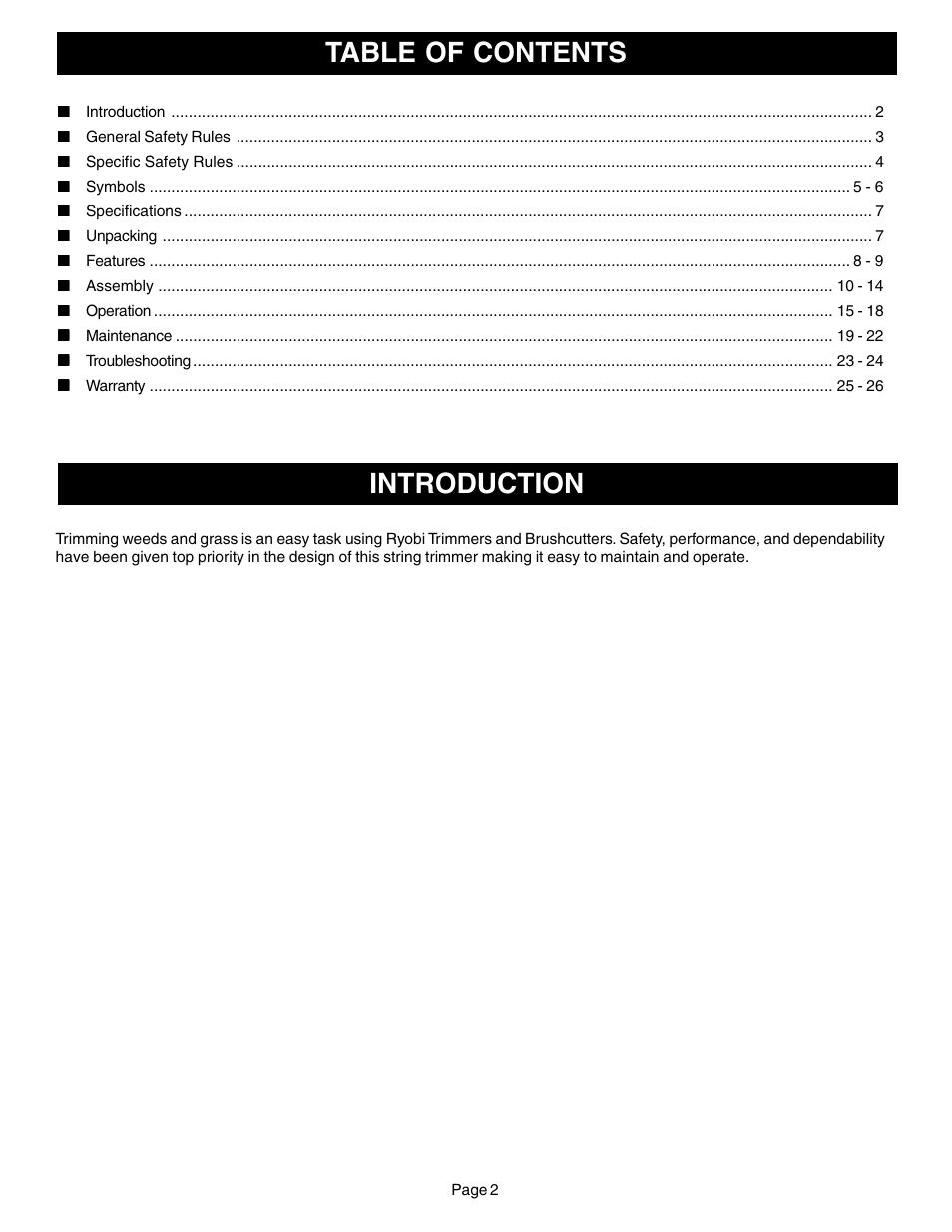 Table of contents introduction | Ryobi CS30 ZR30000 User Manual | Page 2 / 28