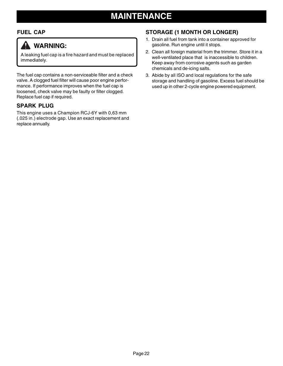 Maintenance, Warning | Ryobi CS30 ZR30000 User Manual | Page 22 / 28