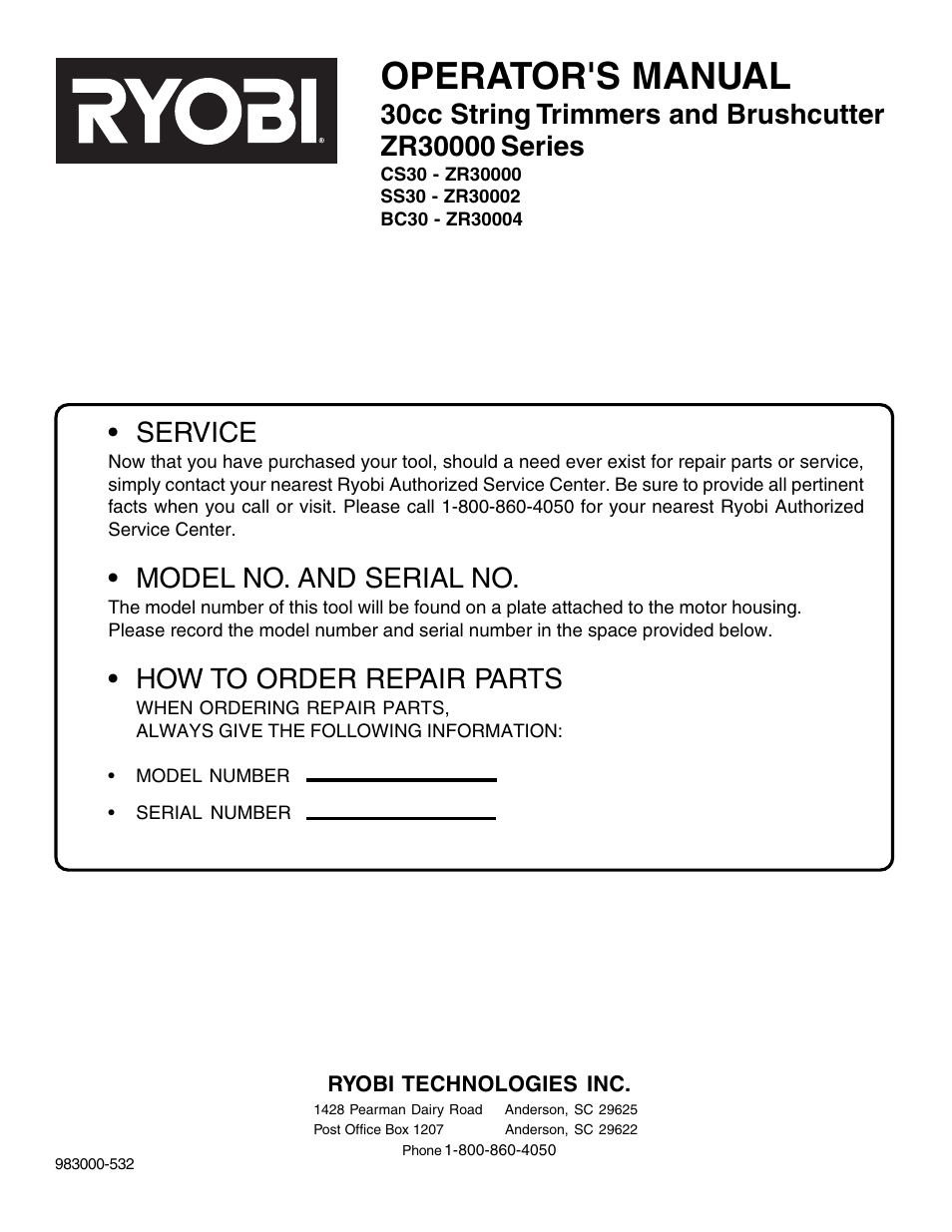 Operator's manual, Service, Model no. and serial no | How to order repair parts | Ryobi CS30 ZR30000 User Manual | Page 28 / 28