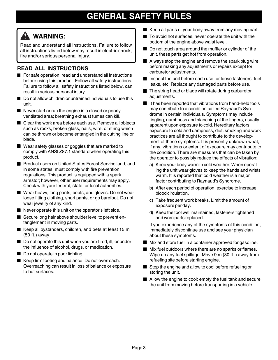 General safety rules, Warning | Ryobi CS30 ZR30000 User Manual | Page 3 / 28